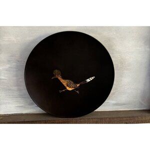 Vtg Couroc Of Monterey Utility Dish Roadrunner Inlaid Design Black Gold 7” MCM